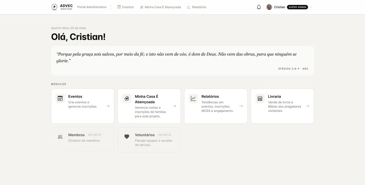 Dashboard do portal administrativo ADVEC Boston com módulos de eventos, relatórios, livraria e voluntários