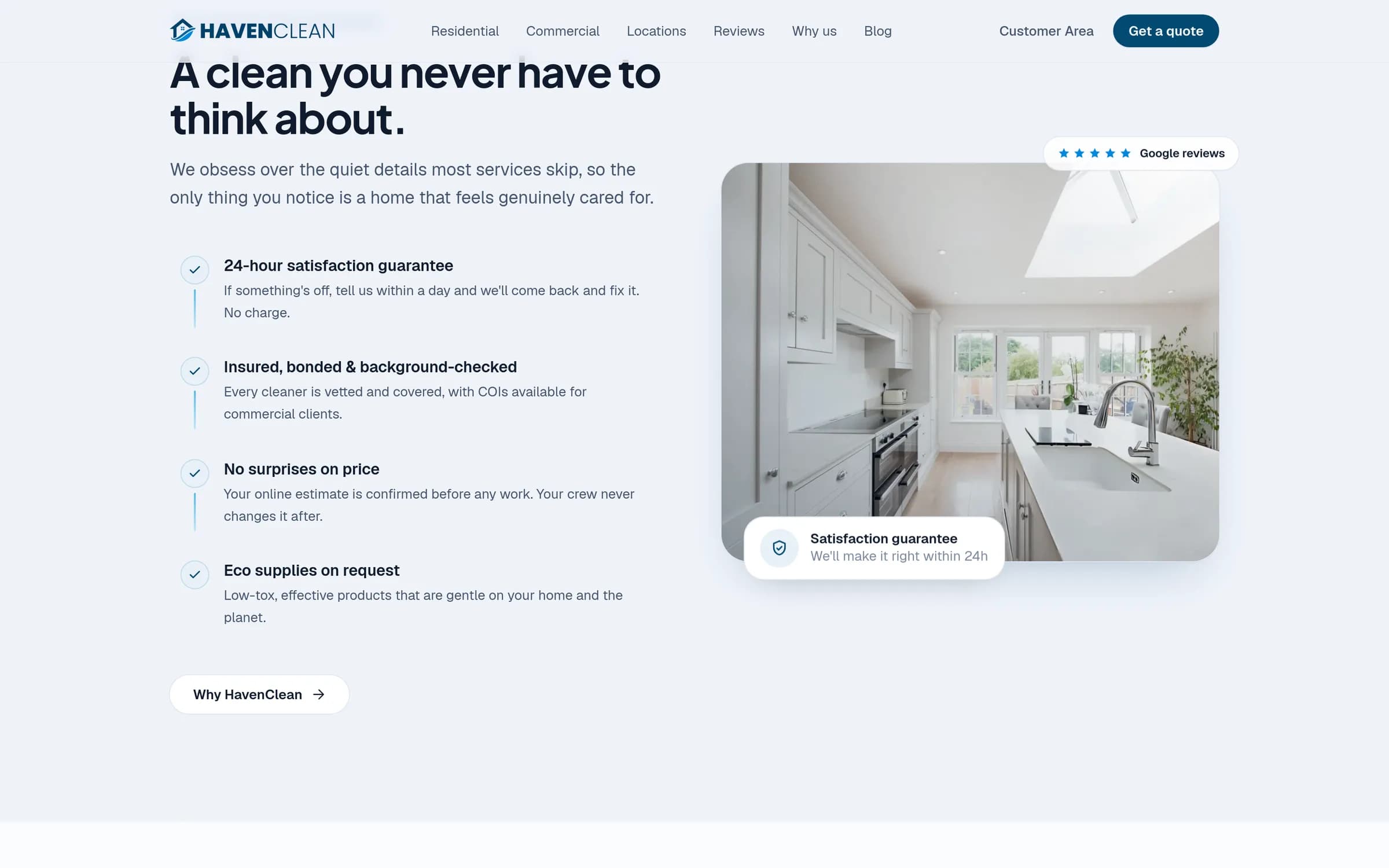 HavenClean trust section — a 24-hour satisfaction guarantee, insured and background-checked crews, and no-surprise pricing beside a bright kitchen