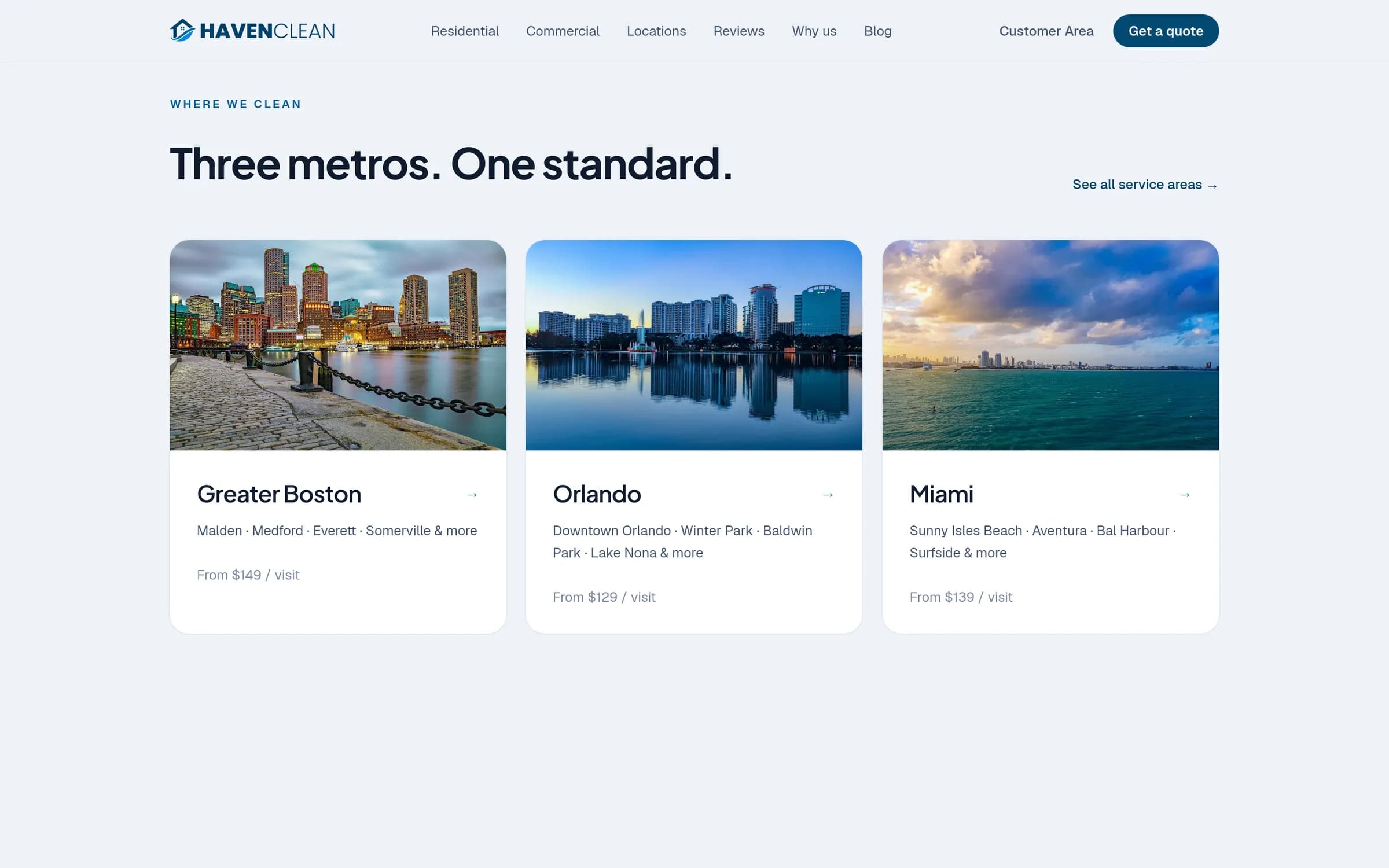 HavenClean locations — Greater Boston, Orlando, and Miami service areas, each with the neighborhoods served and a starting price