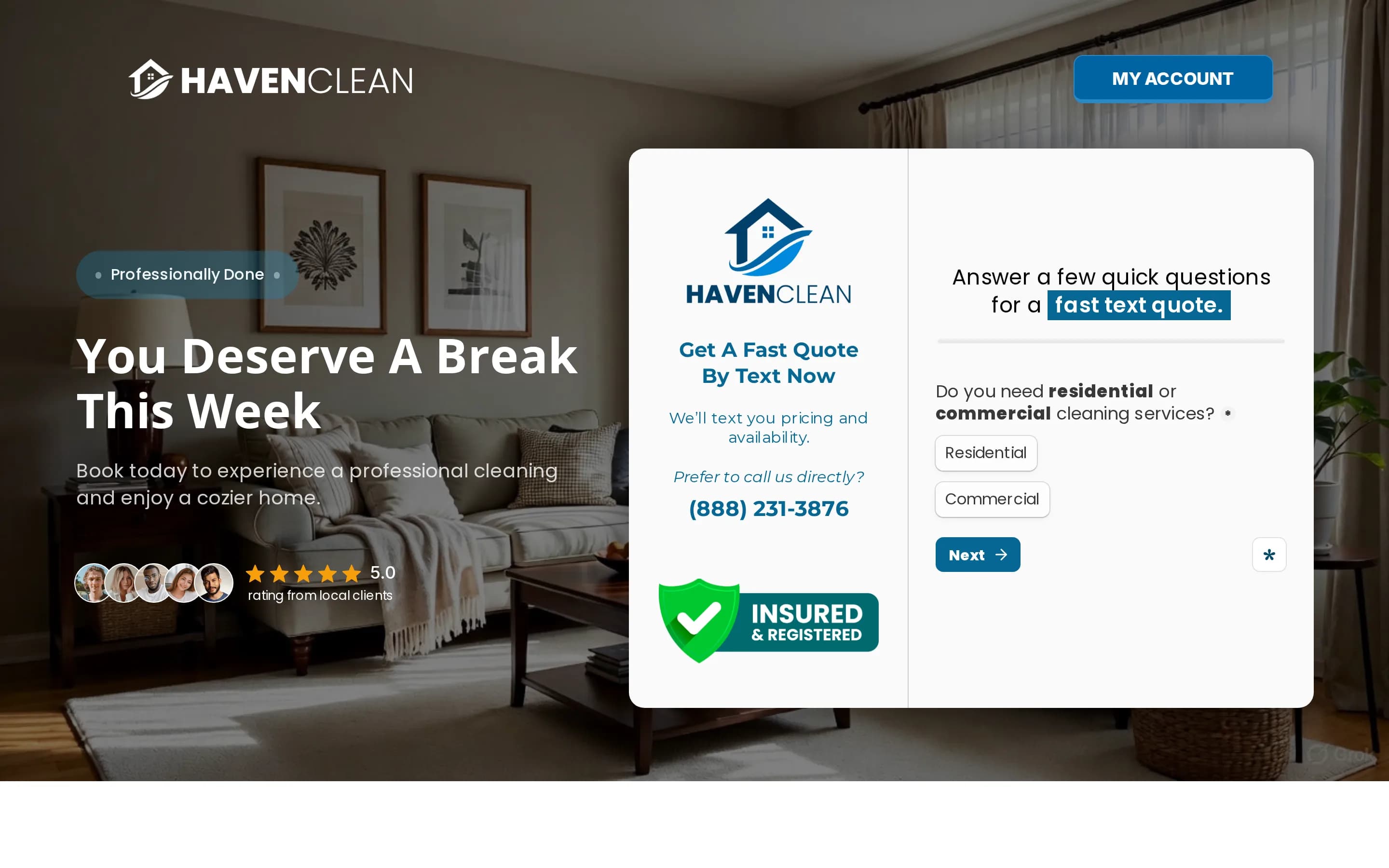 HavenClean site with the hero "Your home, cleaner than ever", 4.9 rating, and text-quote CTA