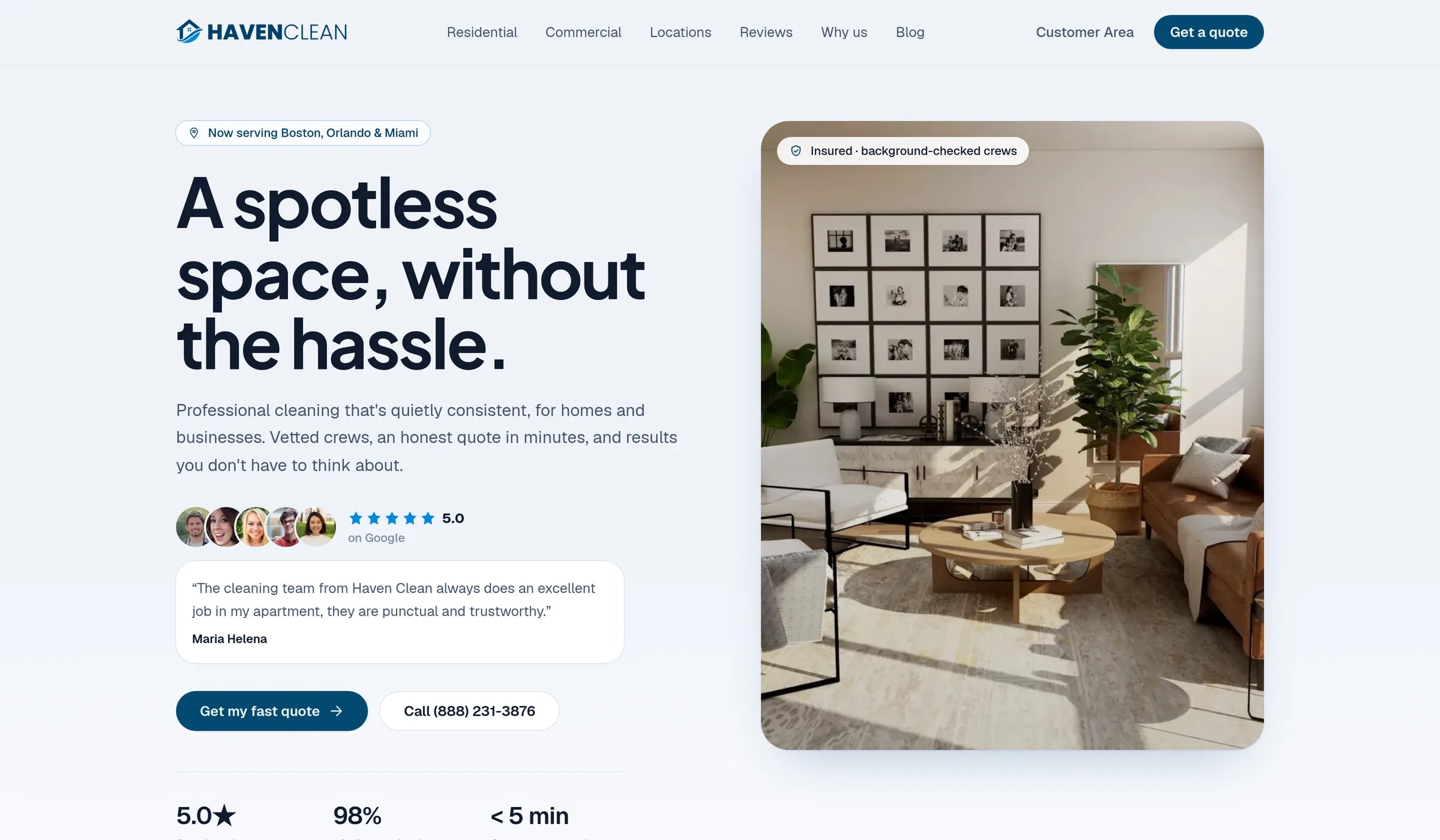 HavenClean home page — the hero "A spotless space, without the hassle", a 5.0-on-Google rating, and an insured, background-checked crews badge over a styled living room