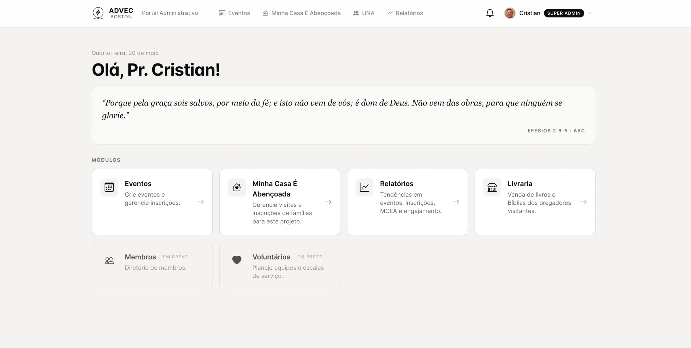 ADVEC Boston portal home with personalized greeting and module grid (Events, MCEA, Reports, Bookstore)