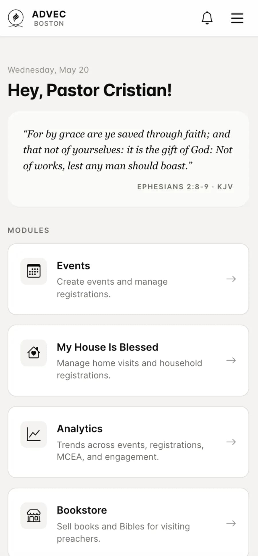 PWA on iPhone: home with personalized greeting and module grid